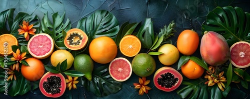 Background of exotic fruits with leaves . Concept Exotic Fruits, Tropical Vibes, Vibrant Colors, Fresh Produce, Nature's Bounty