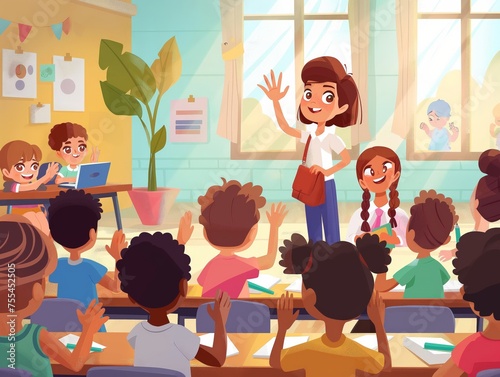 Cheerful teacher interacting with diverse group of enthusiastic students in a colorful classroom setting.