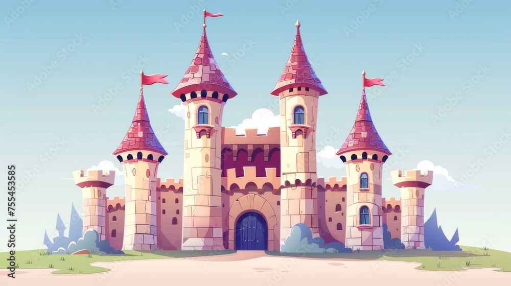 An ancient kingdom fortress palace or fort with the flag on the tower, windows, and gate. Cartoon illustration set of fantasy fairytale ancient kingdom fortress palace.