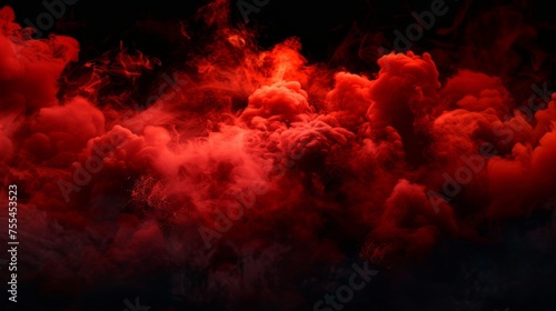 The smoke effect on the black background is a modern realistic illustration of hot fire and flame clouds in hell, paint powder sprayed in the air, magic power, and a spooky Halloween atmosphere.