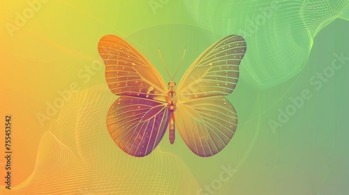 A retro futuristic 2000s style banner template designed with abstract simple shapes and tribal butterfly ornaments on a pastel green and yellow gradient background. Modern set of retro futuristic