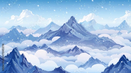 Aerial panorama of snow-covered rocky peaks above cloudy skies. Black cloud above snowy stone hilltop during blizzard. Cartoon modern of aerial panoramic winter landscape with rock mount.