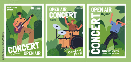 Open-air festival, outdoor concert, invitation posters set. Summer fest in nature, music band in park, promotion advertising inviting cards, promo placards, flyers designs. Flat vector illustrations
