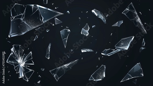 Modern illustration set of smashed mirror shard fragments on dark background. Flying transparent sharp debris elements of smashed crystal. photo