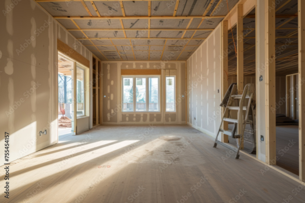 Sunlit Room Undergoing Renovation with Exposed Drywall and Ladder