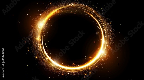 A golden glowing circle frame with glitter sparkle on a black background. An illustration of a neon light round element featuring gold shiny sparks and reflections.