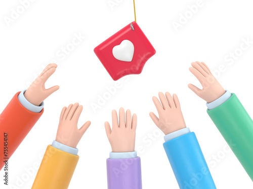 Hands reaching for a pin like with a heart on a hook. Social metaphor, revealing the concept of manipulation of opinion and greed.Supports PNG files with transparent backgrounds.
 photo