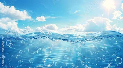 A realistic illustration of the seas, oceans, rivers, lakes, transparent waves under waterline, clear skies, and a sunny day.