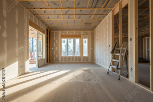 Sunlit Room Undergoing Renovation with Exposed Drywall and Ladder