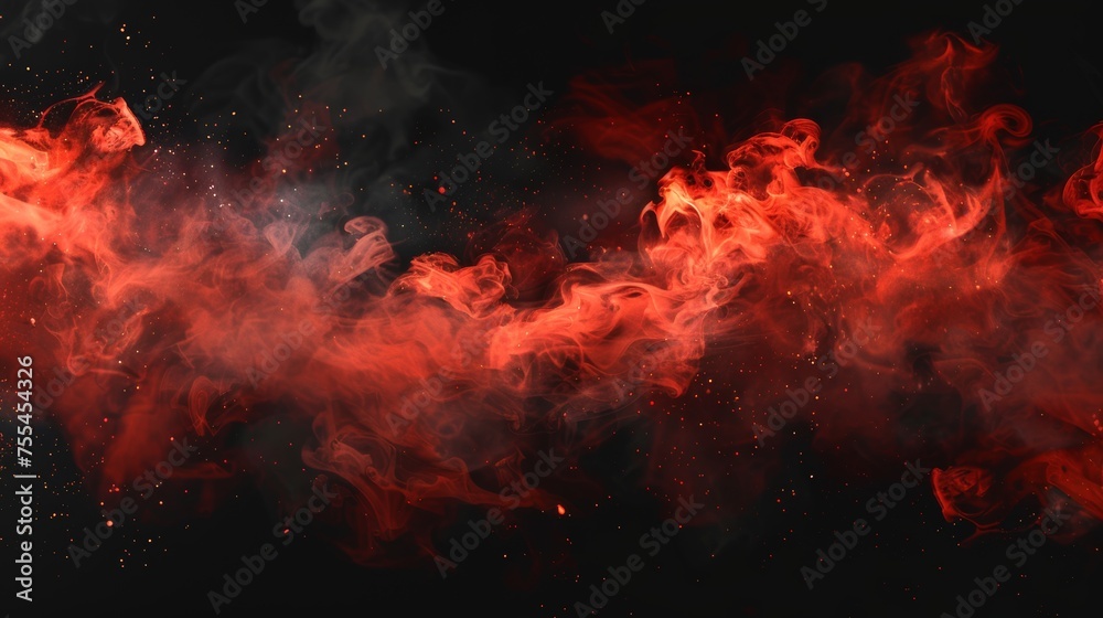 An abstract illustration showing hot fire and flame clouds in hell, paint powder sprayed into the air, a spooky Halloween atmosphere.