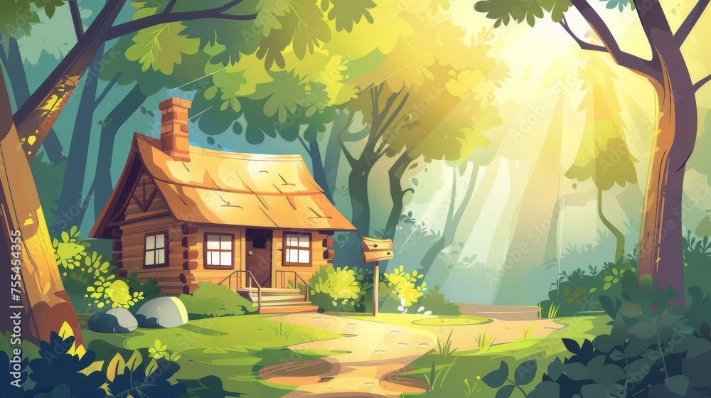 Illustration of a wooden house in a sunny forest with a porch and stairs, chimney on the roof, a direction indicator and stones on the road, and sunlight piercing the green foliage on the trees.