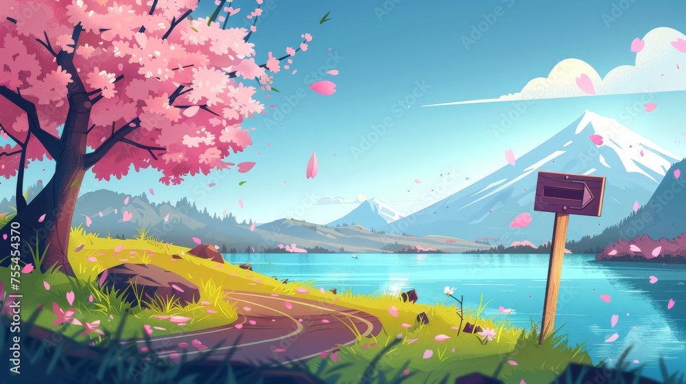 Modern illustration of a beautiful spring mountain lake with cherry blossom trees. This illustration shows the blue water, cherry blossom petals flying in the air, green grass on hills, and a road