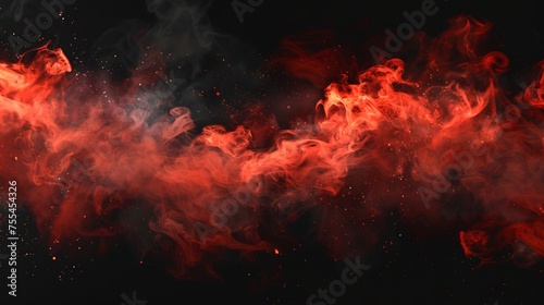 An abstract illustration showing hot fire and flame clouds in hell, paint powder sprayed into the air, a spooky Halloween atmosphere.