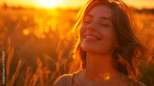 Joyful Woman Embracing Nature in Sunlit Wheat Field at Sunset