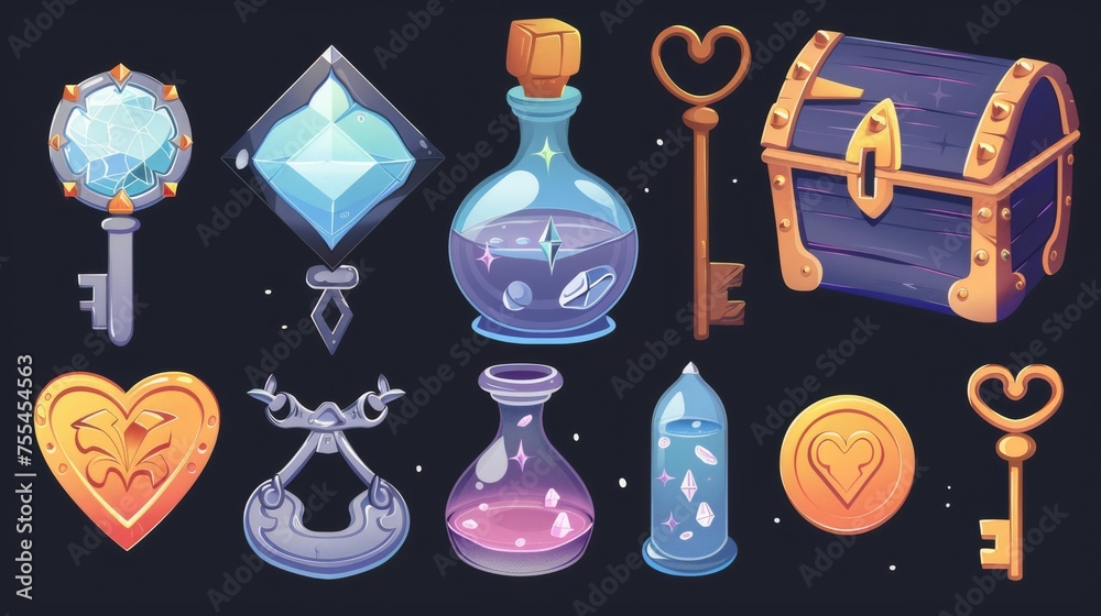 Set of magic game assets isolated on black background. Modern cartoon illustration of a treasure chest, a key, a spell book, a toxic potion, a gemstone-encrusted coin, a heart-shaped lock, and an UI Set of magic game assets isolated on black background. Modern cartoon illustration of a treasure chest, a key, a spell book, a toxic potion, a gemstone-encrusted coin, a heart-shaped lock, and an UI