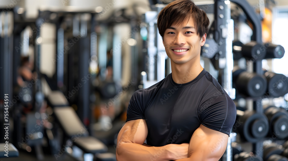 Fototapeta premium Japanese Male Personal Trainer Smiling with Gym Background