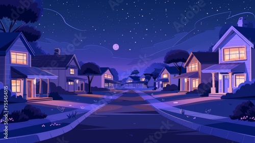 Cartoon modern town scene with modern neighborhood cottages under dark skies and houses in row on street with lights in the windows, trees and yards.