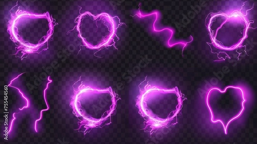 The set of red lightning frames was isolated on a transparent background. Modern realistic illustration with heart, rhombus, and spade shape borders, as well as lightning bolt design elements for