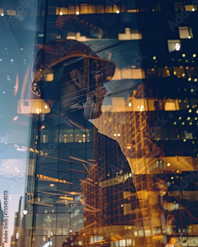 Double exposure of a skyscraper construction site with the silouette of a worker with a hardhat at night.