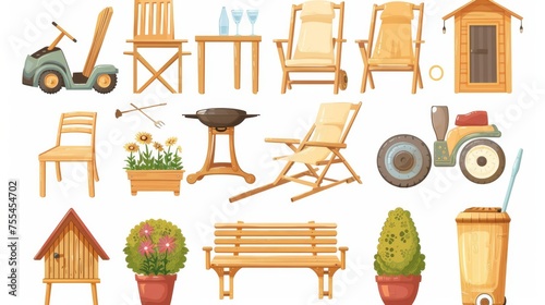 A set of garden furniture isolated on white background with wooden armchairs, chaise lounges, picnic tables, lawn mowers, flower pots, dog houses, and balls.