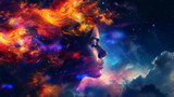 Cosmic Dreamscape: Ethereal Woman Merged with Vibrant Nebula