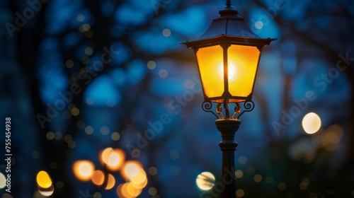 A solitary street lamp glowing warmly against a blurred backdrop of twinkling city lights, Solitude, Urban, Night, Illumination, Tranquility, Highlighting the contrast between sharp focus and creamy