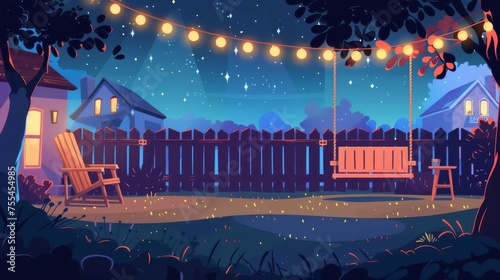 Modern cartoon illustration of suburban town street with houses, a swing decorated with garland lights, wooden armchair and table under dark starry skies.