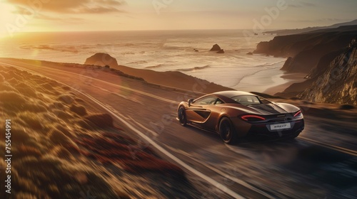 an image showing a sleek sports car speeding down a winding coastal road, with waves crashing against the cliffs in the background golden hours of a day