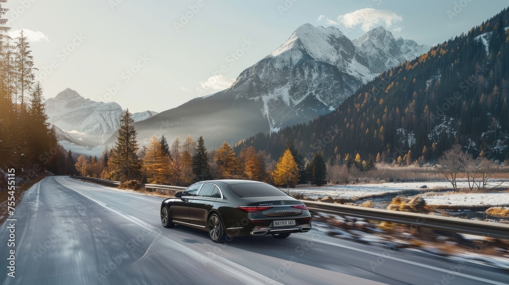 A luxury sedan gliding gracefully along a winding mountain road, with snow-capped peaks rising majestically in the distance, Elegance, Mountain, Luxury, Scenic, Serenity, Capturing the harmony between A luxury sedan gliding gracefully along a winding mountain road, with snow-capped peaks rising majestically in the distance, Elegance, Mountain, Luxury, Scenic, Serenity, Capturing the harmony between