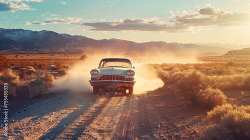 A classic vintage car cruising through a sun-drenched desert landscape, kicking up dust clouds in its wake, Retro, Desert, Adventure, Dusty, Vintage