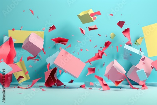 3d illustration of an art studio with colorful pieces of paper and blocks