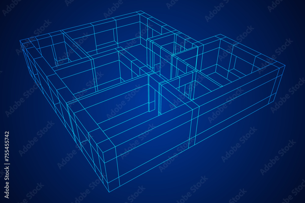 Architecture building. Modern house plan. Wireframe low poly mesh. Architecture building. Modern house plan. Wireframe low poly mesh.