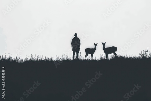 photo is presented with a person in silhouette and a couple of deer in the background