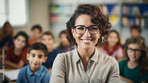 Confident Female Teacher in Classroom