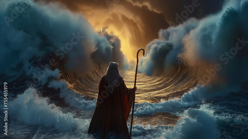 Jewish exodus biblical story cartoon illustration - Moses parting the Red Sea for the Israelites to cross, the sea opens into two big waves forming a passage