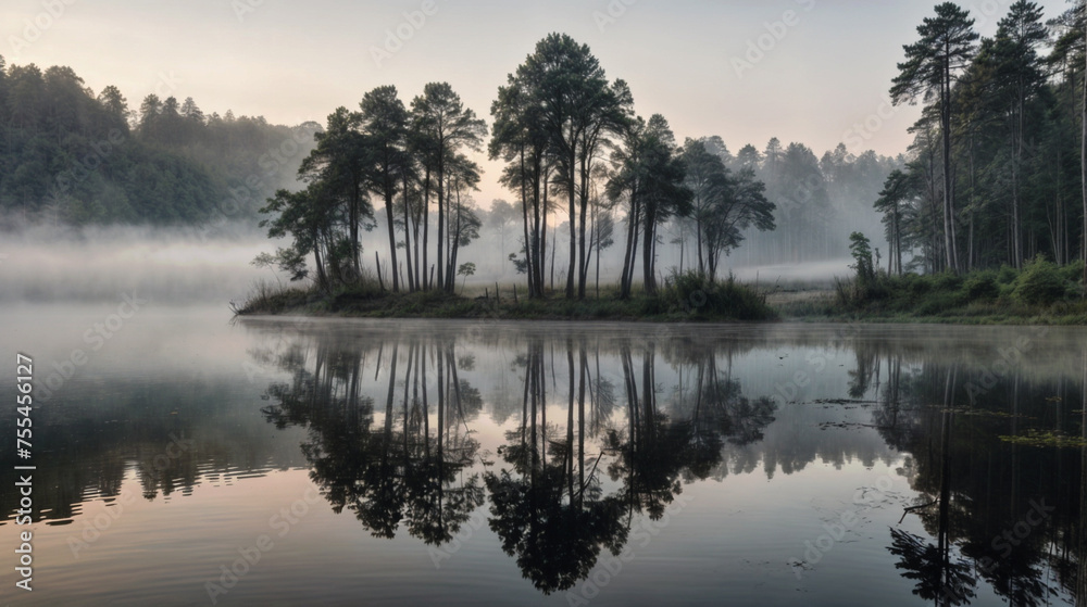 A foggy lake surrounded by trees, with a misty atmosphere and calm water. ai generative