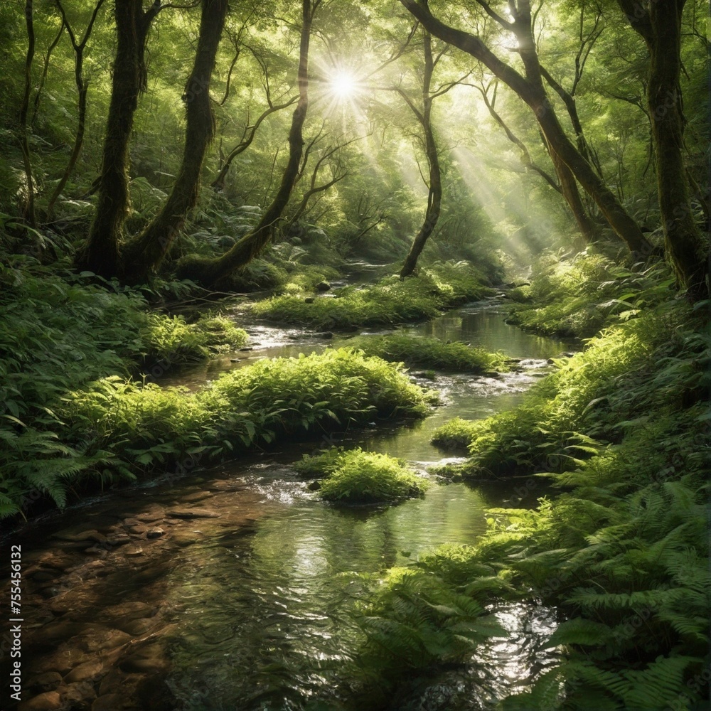 A tranquil stream winding through a lush forest, with sunlight filtering through the canopy. A tranquil stream winding through a lush forest, with sunlight filtering through the canopy.