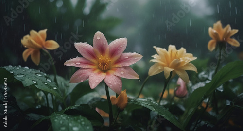 A close-up of rain-soaked flowers in a garden  showcasing the resilience and beauty of nature during the rainy season. ai generative