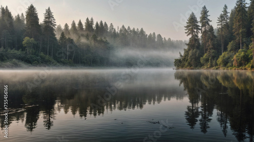 A foggy lake surrounded by trees, with a misty atmosphere and calm water. ai generative © Big
