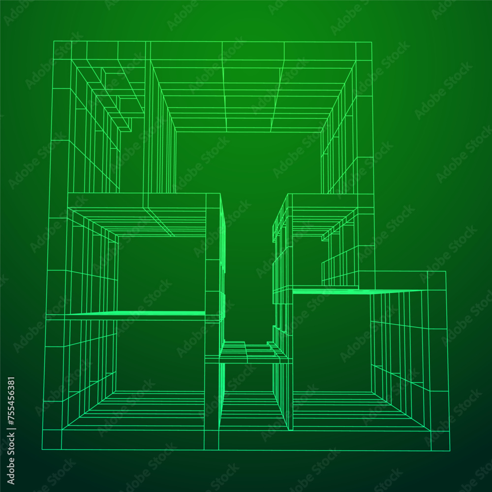 Architecture building. Modern house plan. Wireframe low poly mesh.