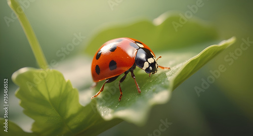 A close-up of a ladybug crawling on a leaf, symbolizing the return of beneficial insects in spring gardens. ai generative