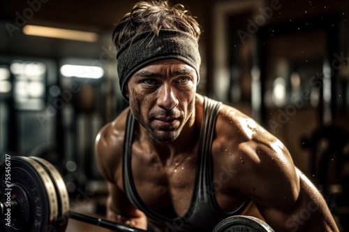 Portrait of an athletic man working out with dumbbells in a gym