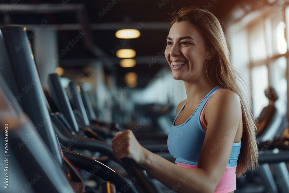 young mother laughing and smiling while walking with fitness at the gym young mother laughing and smiling while walking with fitness at the gym