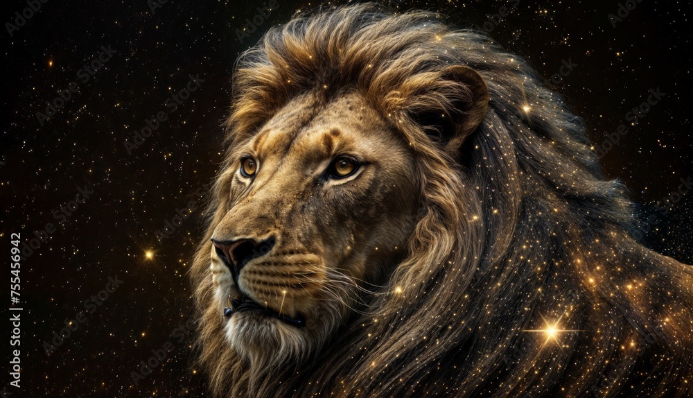 Naklejka premium Lion on a background of the night sky with stars and space