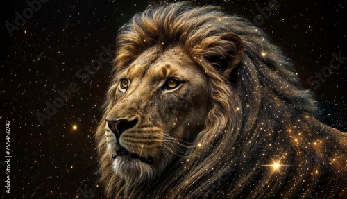 Lion on a background of the night sky with stars and space