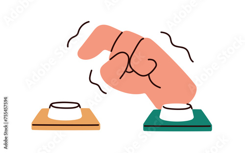 Choosing between two buttons to push, press. Finger making choice, decision in panic, fear. Alternative, dilemma, risk, fortune concept. Flat graphic vector illustration isolated on white background