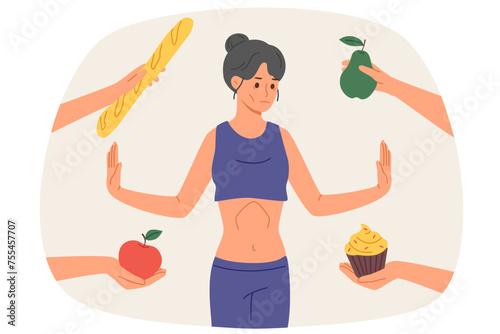 Woman with anorexia and dystrophy refuses to eat, standing among hands with fruits and pastries. Thin girl experiences food aversions due to anorexia caused by dieting for weight loss for too long.