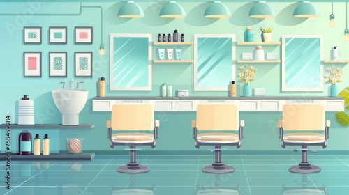 Furniture, equipment, and decor set for hair beauty salon. Workstation facilities for hair salon stylists - mirror, chair, armchair, washing sink, dryer, and cosmetic cabinets.