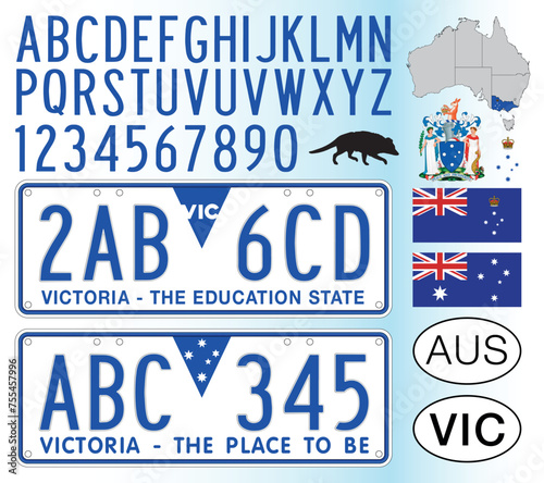 Victoria State australian car license plate pattern, letters, numbers and symbols, vector illustration, Australia photo