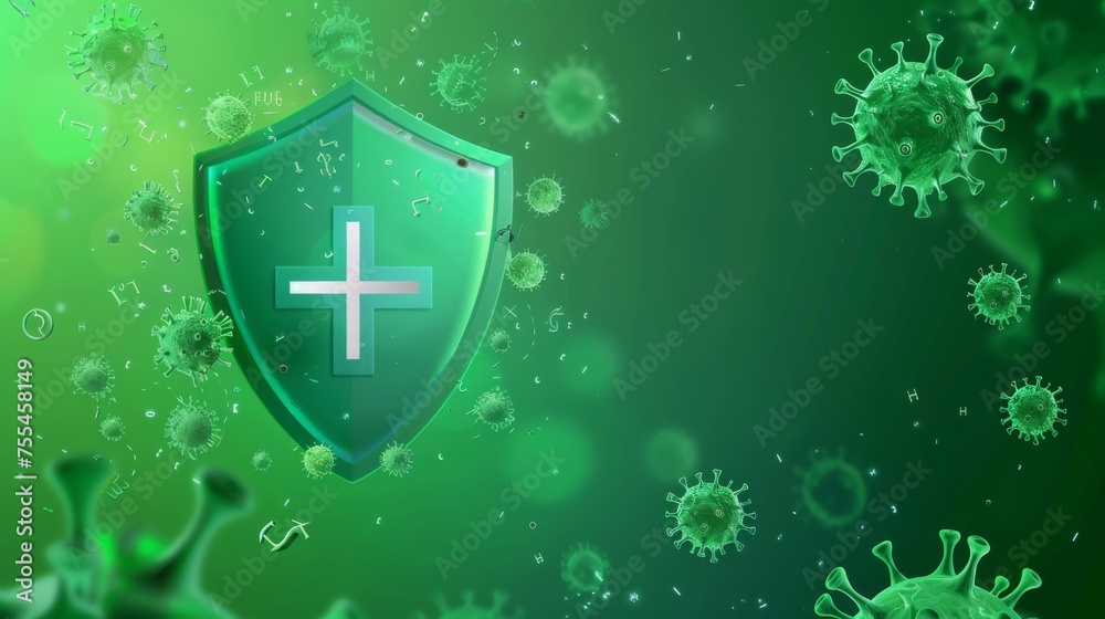 Banner with shield, cross, and bacteria on green background, modern ...